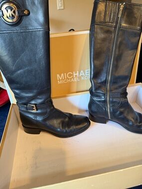 Michael Kors Black Leather Tall Riding Boots with Buckle & MK Logo